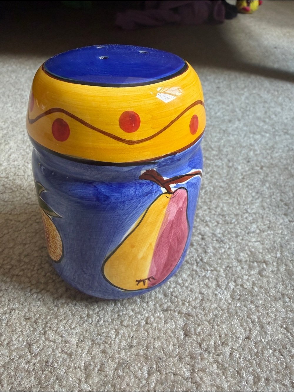 Hand Painted Ceramic Fruit Salt Pepper Shaker Blue Yellow Pear Cherry 5"